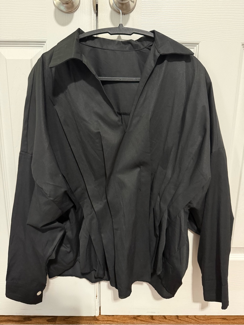 Black Women's Collared Blouse - Relaxed Draped Front